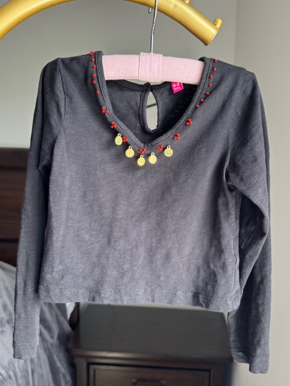 Girls Black Long-Sleeve Cotton Tee w/Red Beads & Gold Coin Medallions - 4-5Y